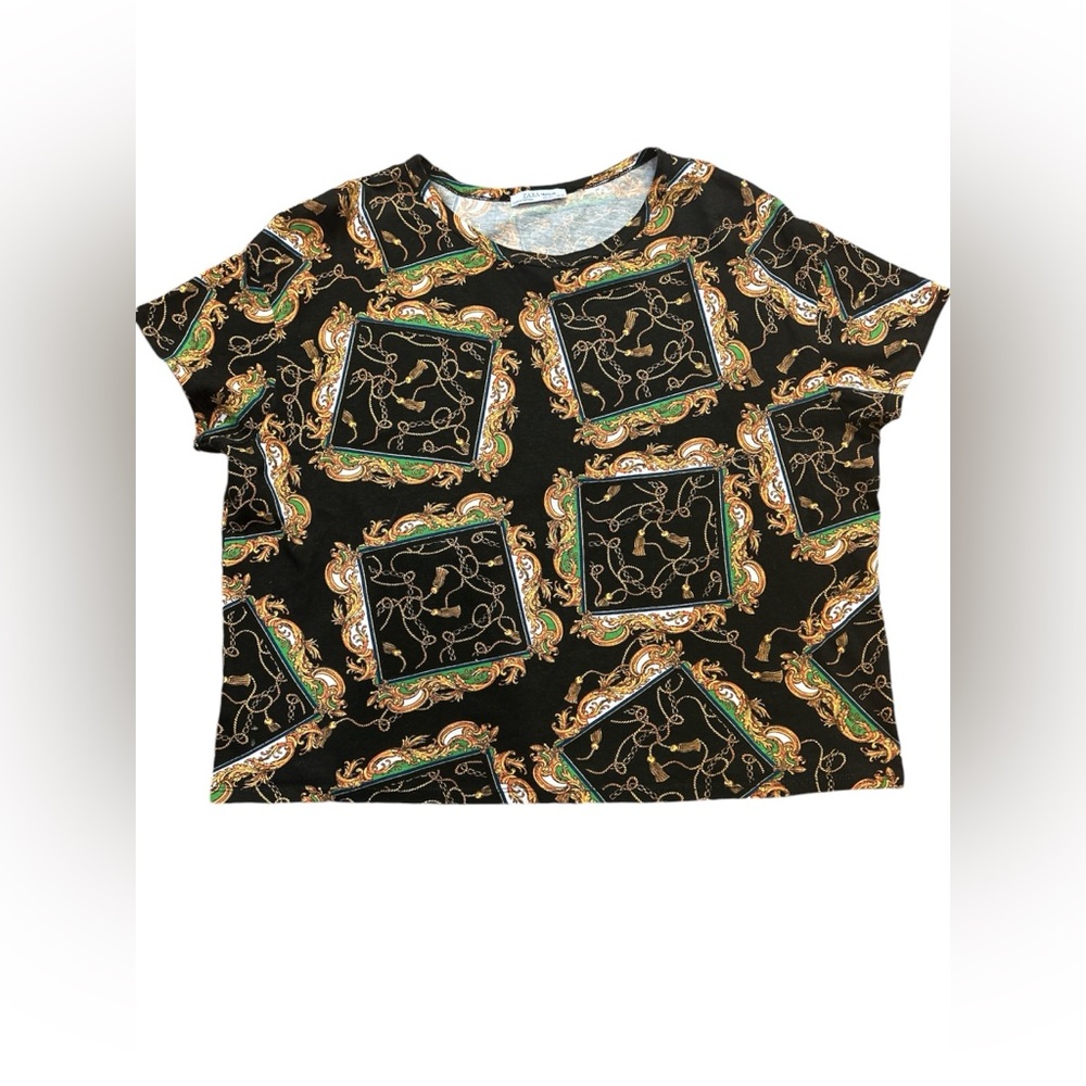 Zara Trafaluc Multicolor Baroque Scarf Print Short Sleeve T-shirt Size Large